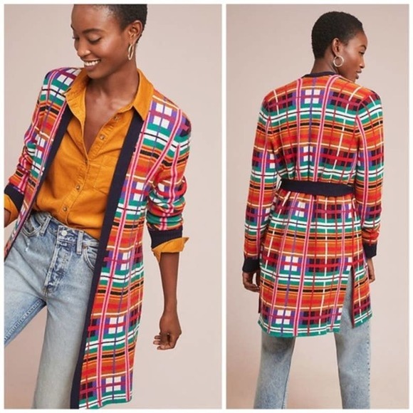 Anthropologie Sweaters - Anthropologie Moth Williston Plaid Cardigan Longline Open Robe Tie Waist XS